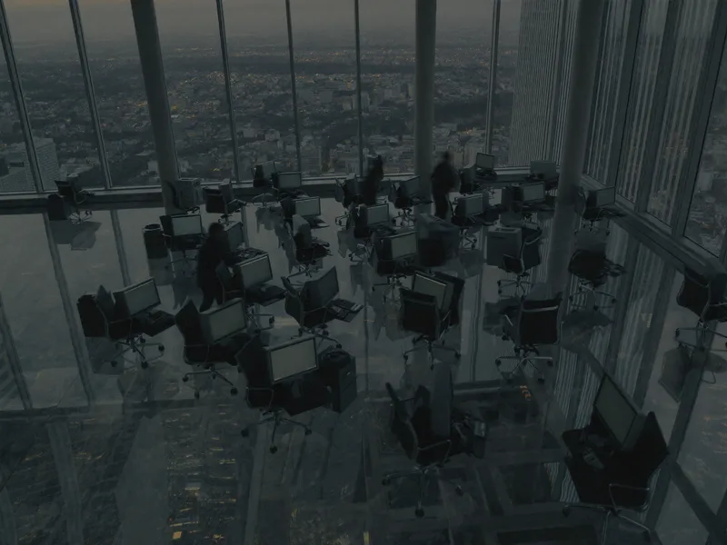 Movers rolling crated monitors and office chairs across an office floor in a tower at dusk